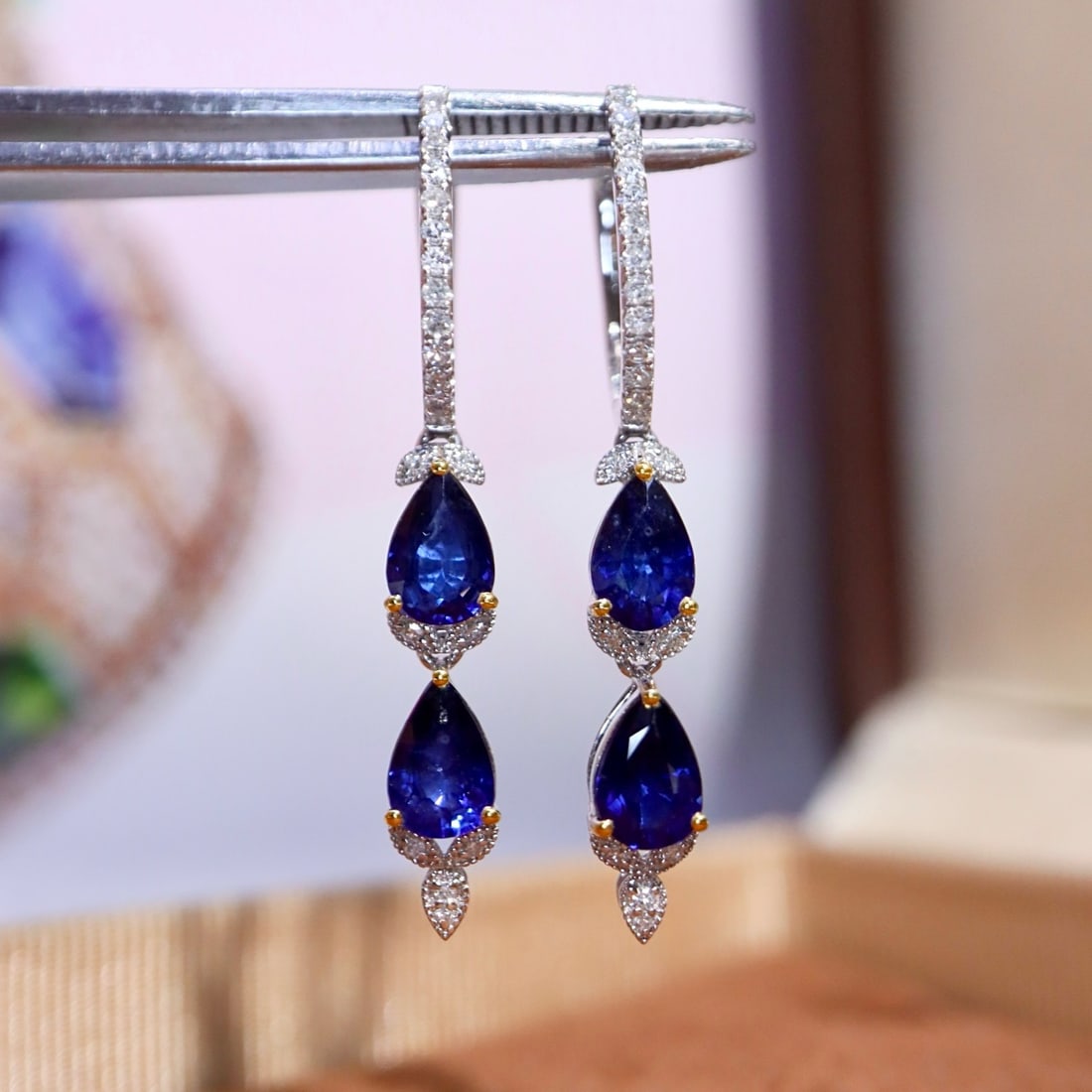 14k Gold 2.27 Ctw Natural Sapphire & Diamond Earrings - 5