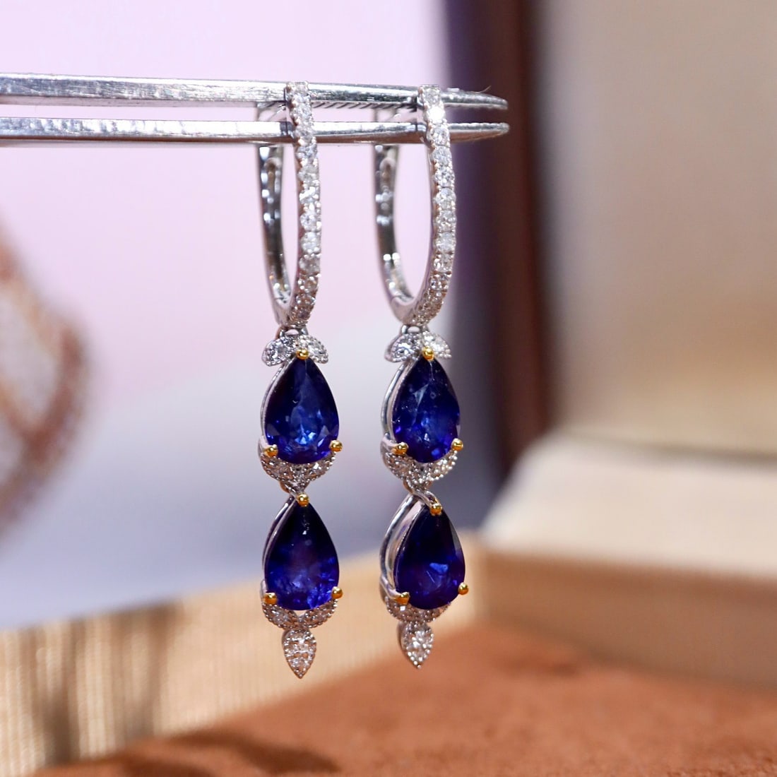 14k Gold 2.27 Ctw Natural Sapphire & Diamond Earrings - 6