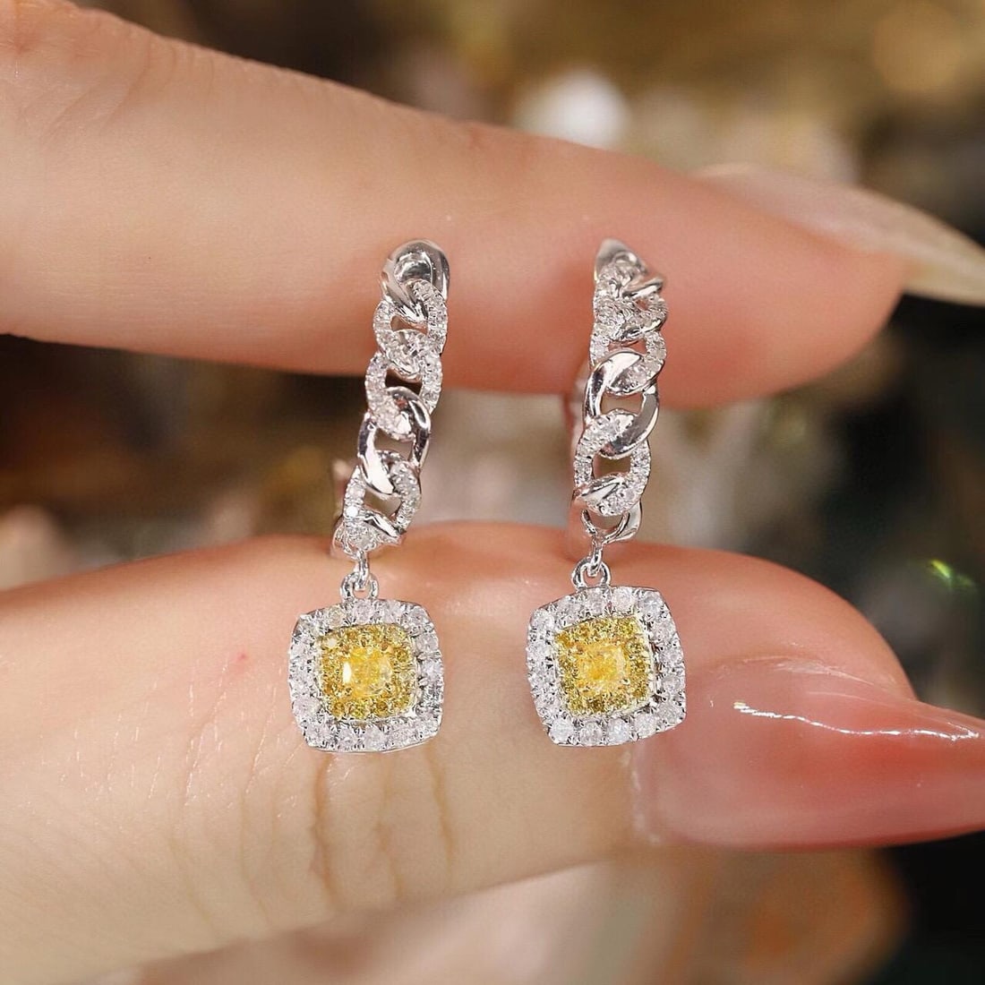 14k Gold 0.62 Ctw Natural Yellow Diamond & Diamond Earrings: Ref:231184138 // gold content:14k gold // main gemstone:yellow diamond // shape:cushion // carat weight:0. 2ct // color:yellow // treatment:natural // // adjacent gemstone 2 : diamond // shape:round /