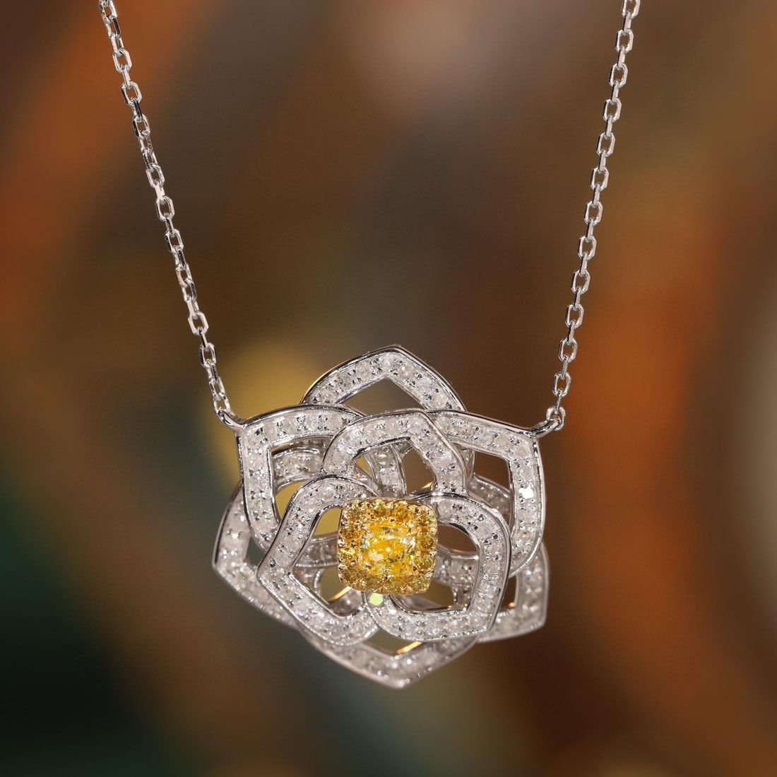 14k Gold 0.65 Ctw Natural Yellow Diamond & Diamond & Flowers Necklace: Ref:231184139 // gold content:14k gold // main gemstone:yellow diamond // shape:cushion // carat weight:0. 12ct // color:yellow // treatment:natural // // adjacent gemstone 2 : diamond // shape:round