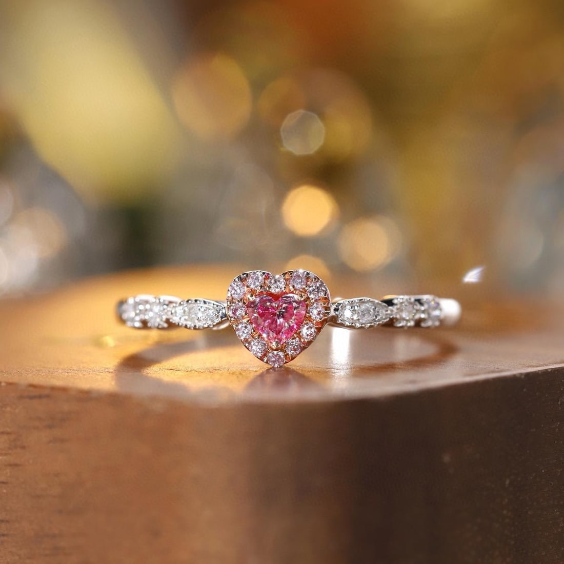 14k Gold 0.30 Ctw Natural Pink Diamond & Diamond Ring: Ref:231184140 // gold content:14k gold // ring size:7. 25us // // main gemstone:pink diamond // shape:heart // carat weight:0. 15ct // color:pink // treatment:natural // // adjacent gemstone 2 :