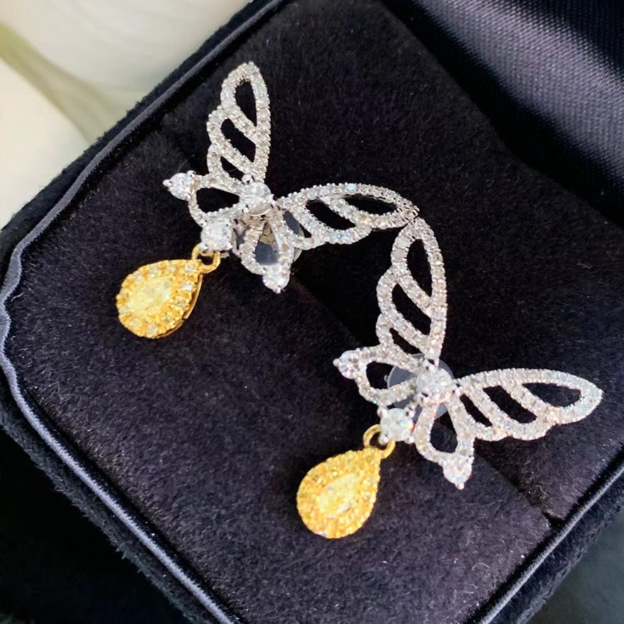 14k Gold 0.9 Ct Natural Color Diamond & Butterfly Earrings - 3