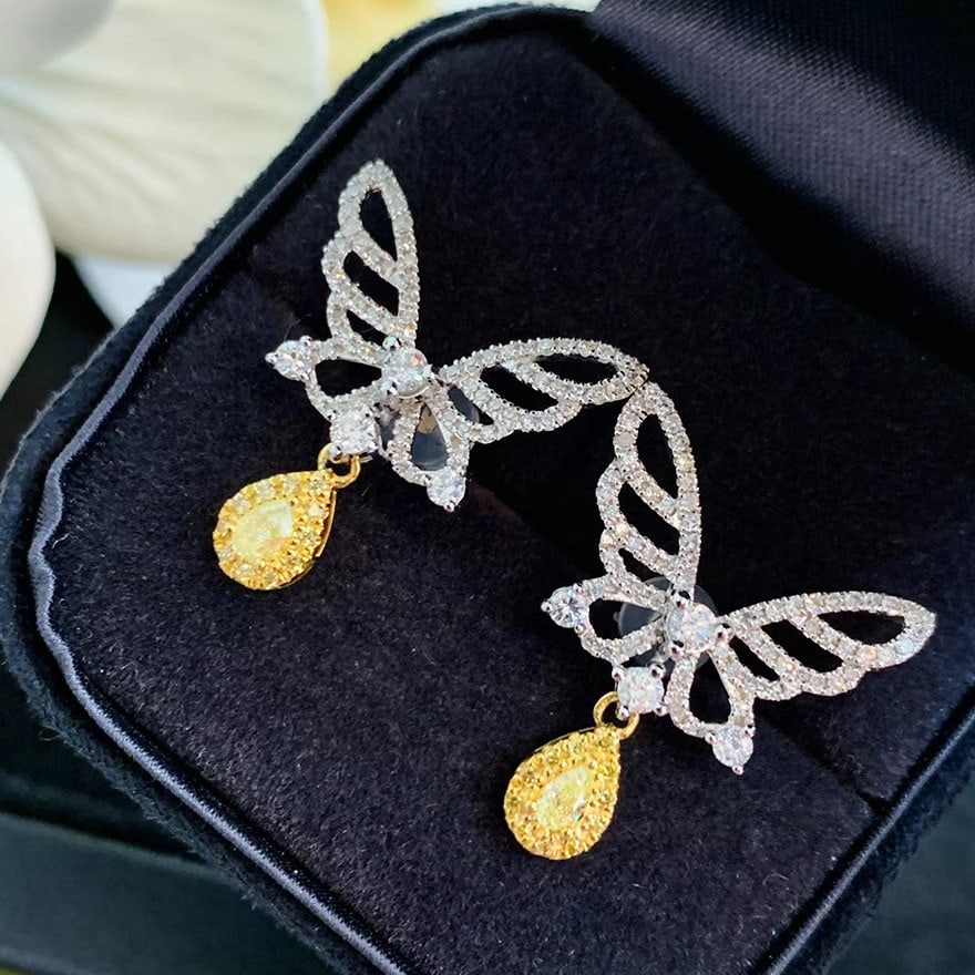 14k Gold 0.9 Ct Natural Color Diamond & Butterfly Earrings - 4