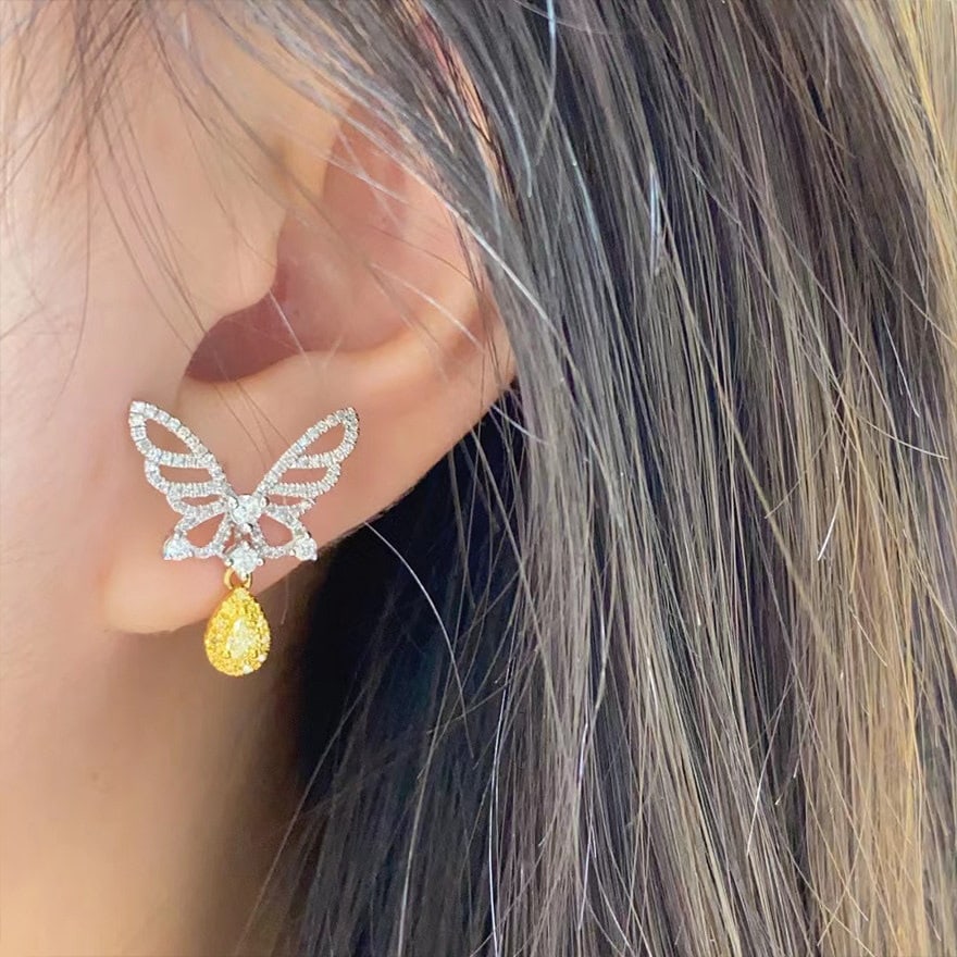 14k Gold 0.9 Ct Natural Color Diamond & Butterfly Earrings - 6