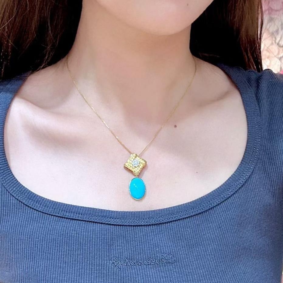 14k Gold 8.78 Ctw Natural Blue Turquoise & Diamond Pendant( Without Chain ) - 3