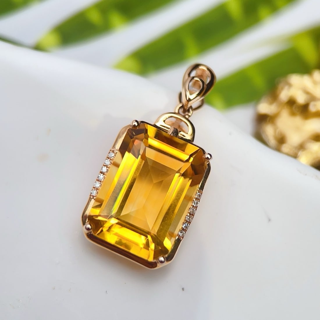 14k Gold 7.18 Ctw Natural Citrine & Diamond Pendant( Without Chain ) - 2