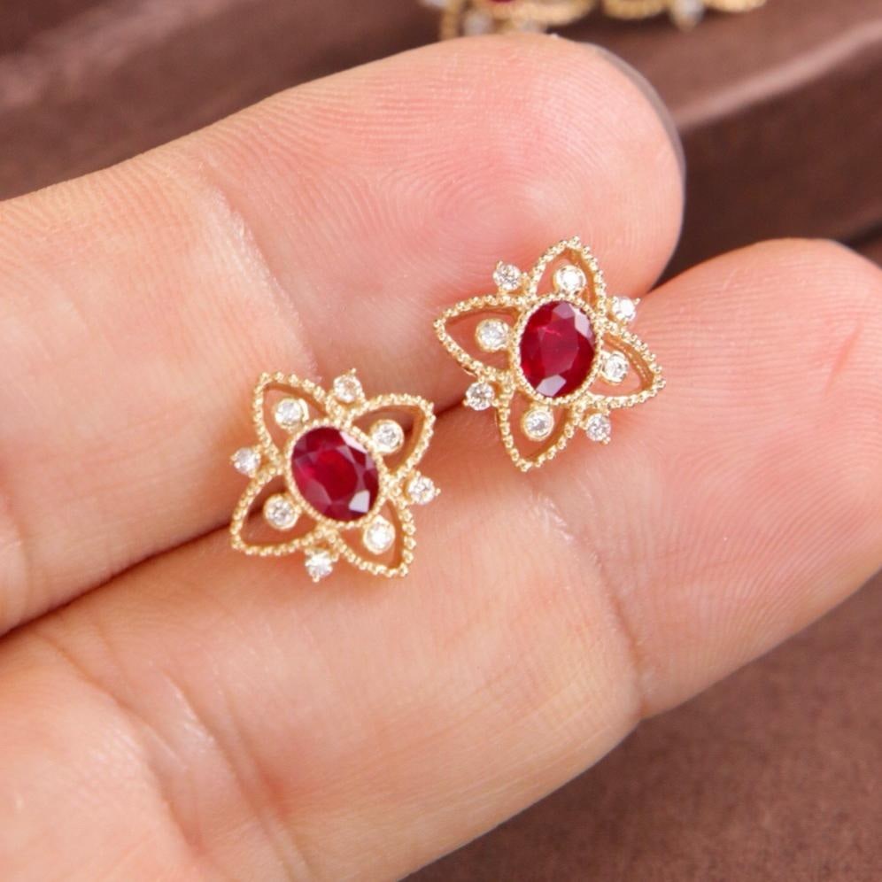 14k Gold 0.70 Ctw Vivid Red Natural Ruby & Diamond Earrings - 5