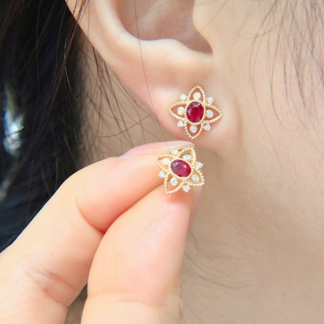 14k Gold 0.70 Ctw Vivid Red Natural Ruby & Diamond Earrings - 6
