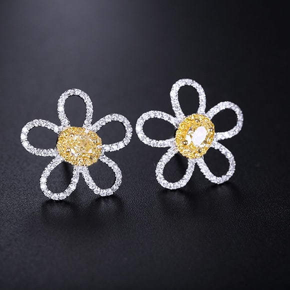 14k Gold 0.89 Ctw Natural Yellow Diamond & Diamond & Flowers Earrings - 2