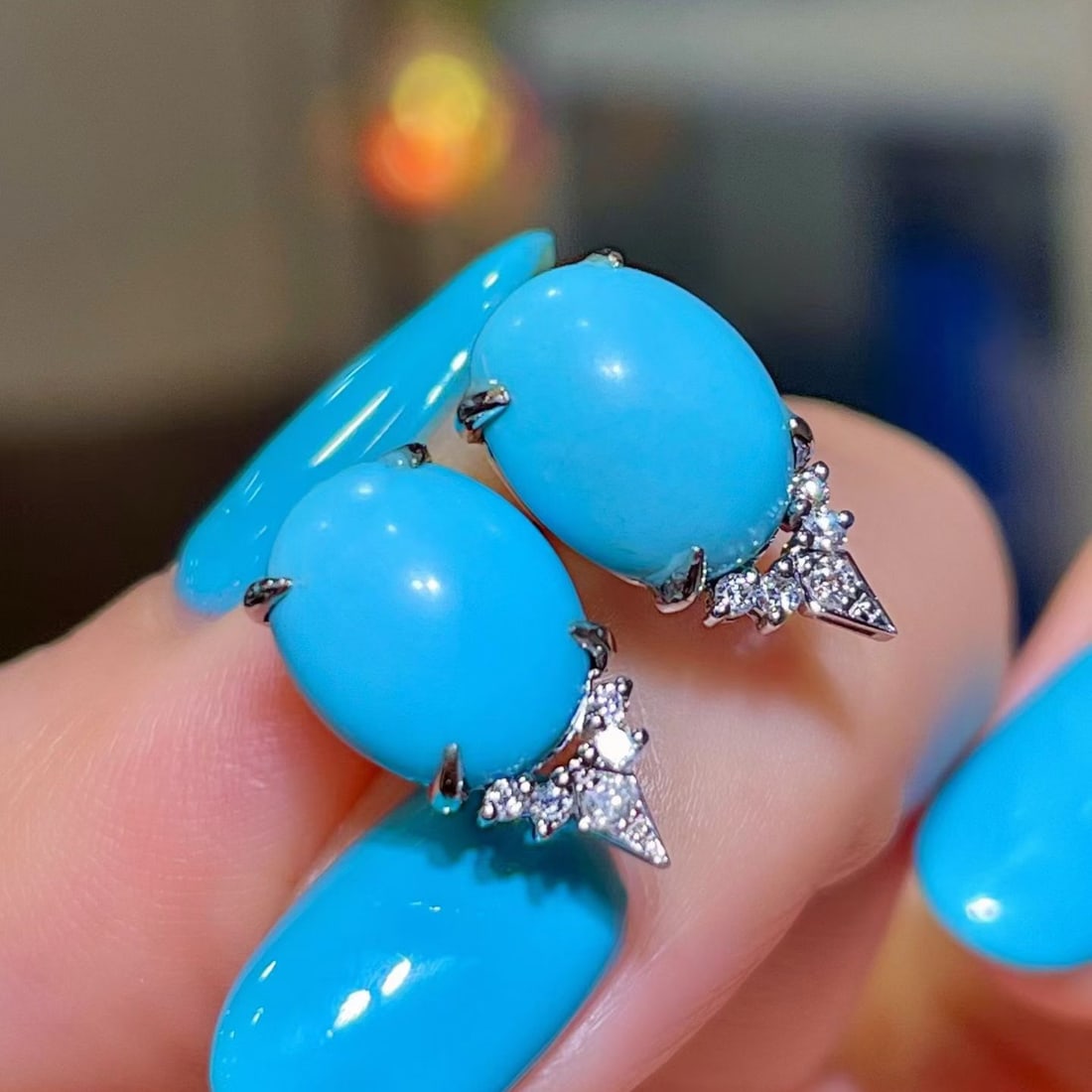 14k Gold 4.59 Ctw Natural Blue Turquoise & Diamond Earrings - 2