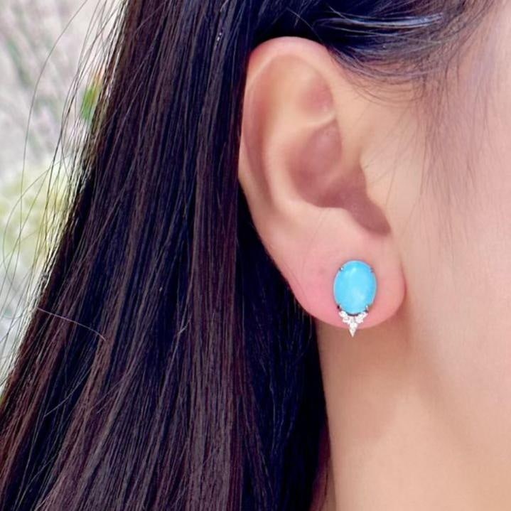 14k Gold 4.59 Ctw Natural Blue Turquoise & Diamond Earrings - 4