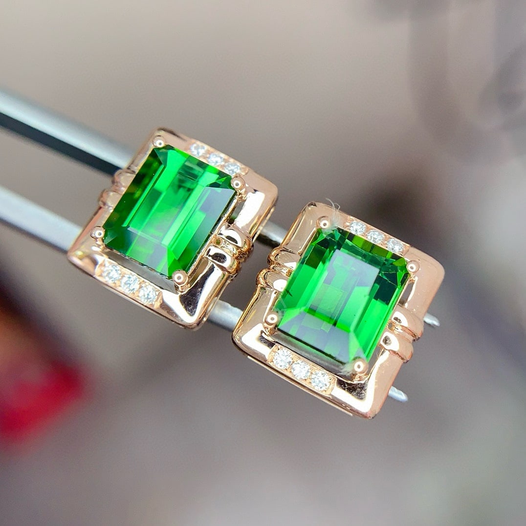 14k Gold 3.9 Ct Natural Tourmaline & Diamond Earrings - 2