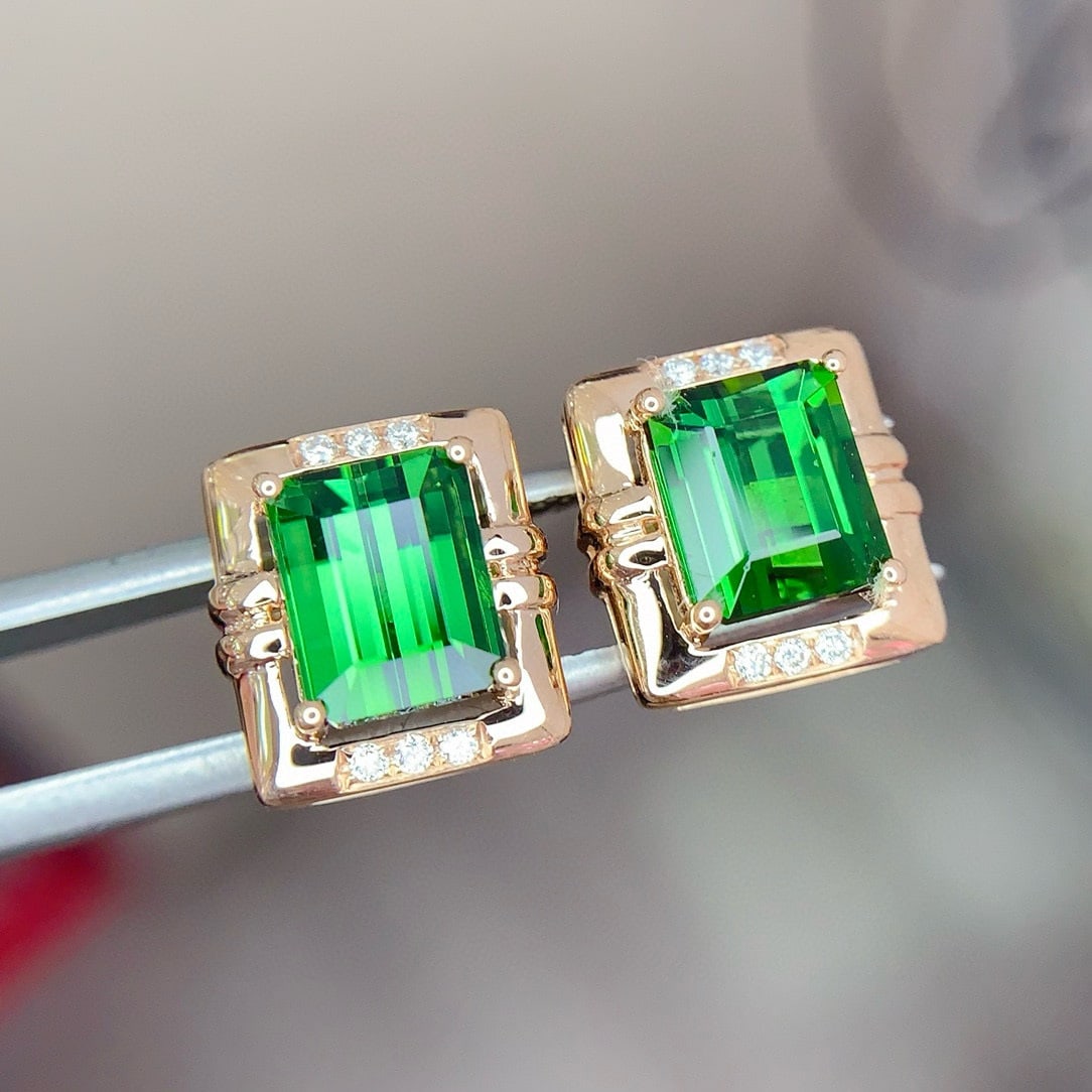 14k Gold 3.9 Ct Natural Tourmaline & Diamond Earrings - 3