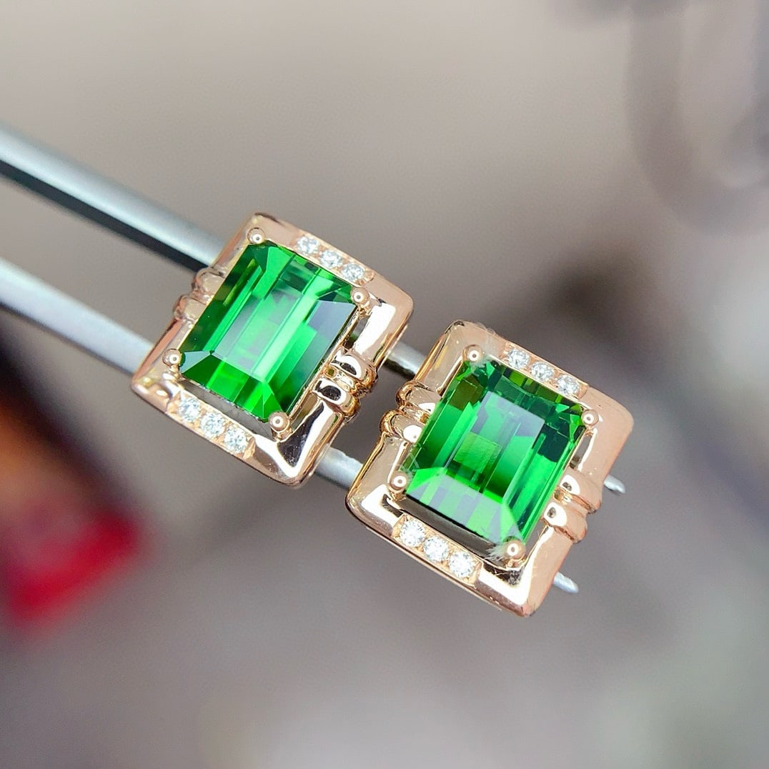 14k Gold 3.9 Ct Natural Tourmaline & Diamond Earrings - 4