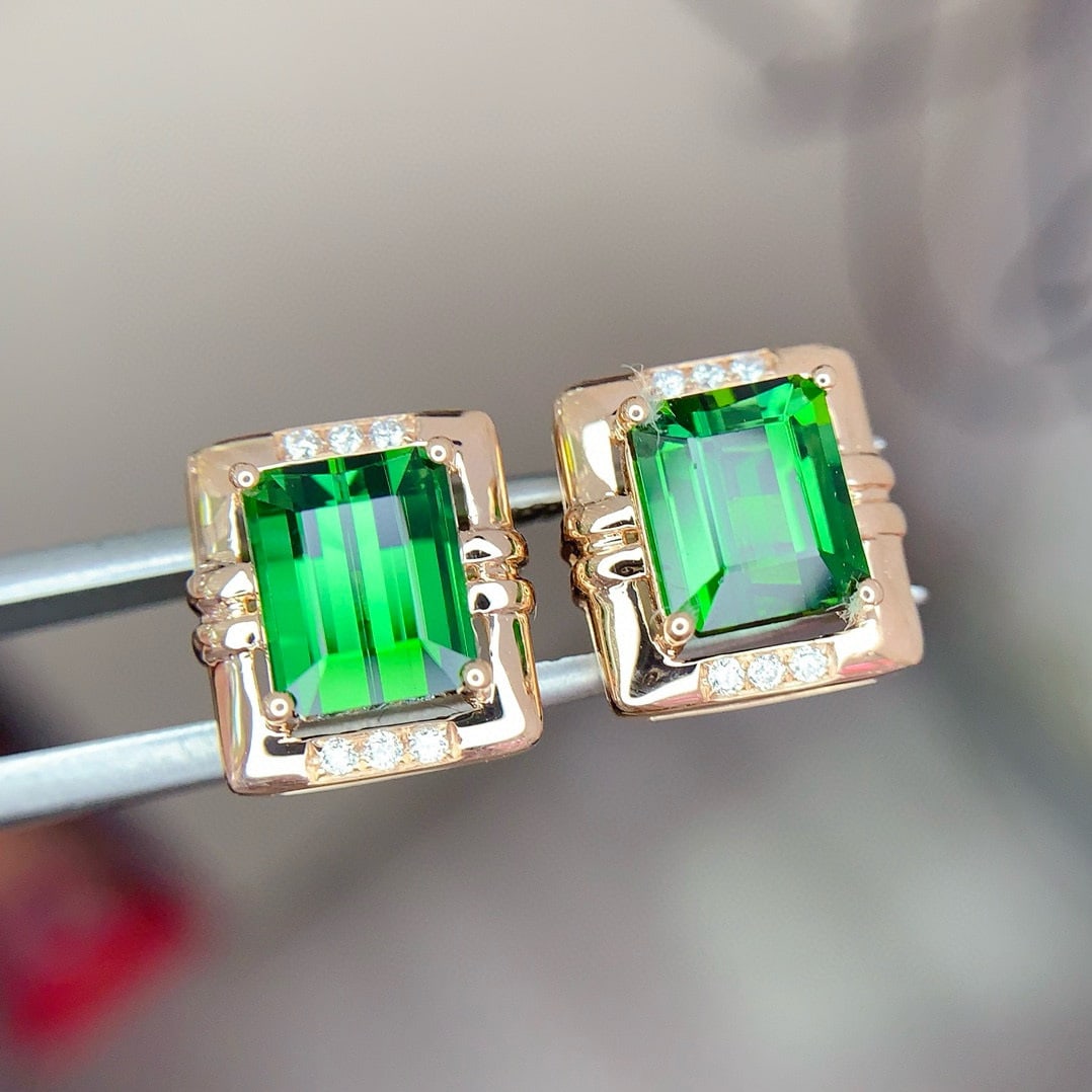 14k Gold 3.9 Ct Natural Tourmaline & Diamond Earrings - 5
