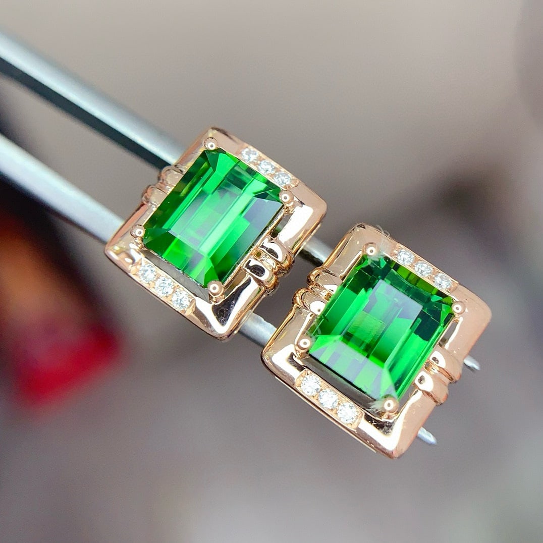 14k Gold 3.9 Ct Natural Tourmaline & Diamond Earrings - 6