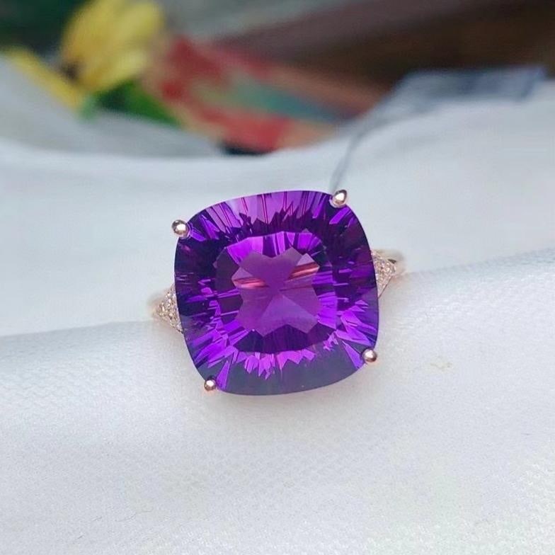 14k Gold 8.30 Ct Natural Amethyst & Diamond Ring: Ref:231184224 // gold content:14k gold // ring size:7. 25us // // main gemstone:amethyst // shape:cushion // carat weight:8. 30ct // color:purple // treatment:natural // // adjacent gemstone 2 :