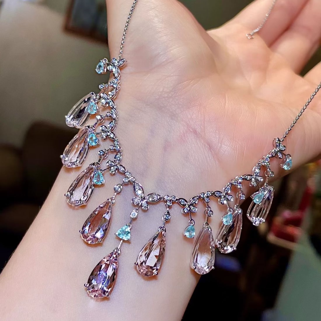 14k Gold 21.48 Ctw Natural Morganite & Paraiba Tourmaline Necklace - 3