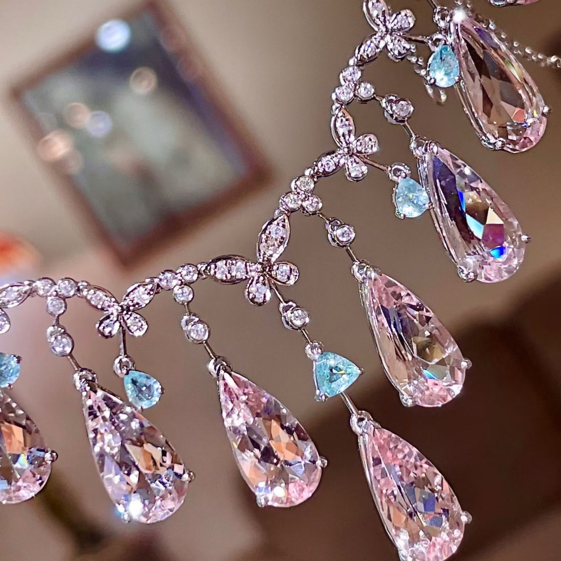 14k Gold 21.48 Ctw Natural Morganite & Paraiba Tourmaline Necklace - 5