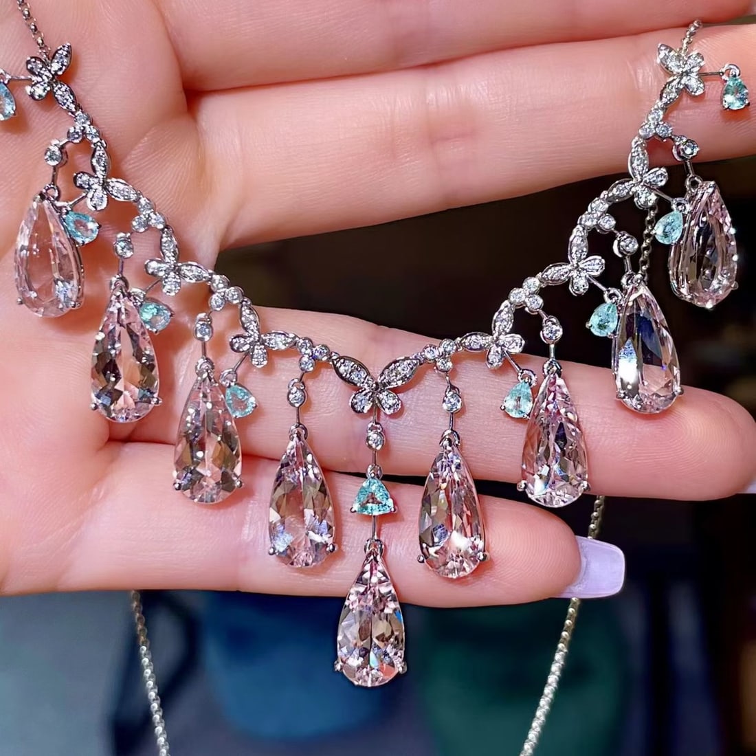 14k Gold 21.48 Ctw Natural Morganite & Paraiba Tourmaline Necklace - 6