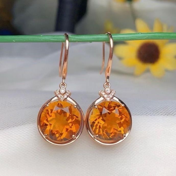 14k Gold 10.35 Ct Natural Citrine & Diamond Earrings: Ref:231184255 // gold content:14k gold // main gemstone:citrine // shape:round // carat weight:10. 35ct // color:yellow // treatment:natural // cut grade:g // // adjacent gemstone 2 : diamond //