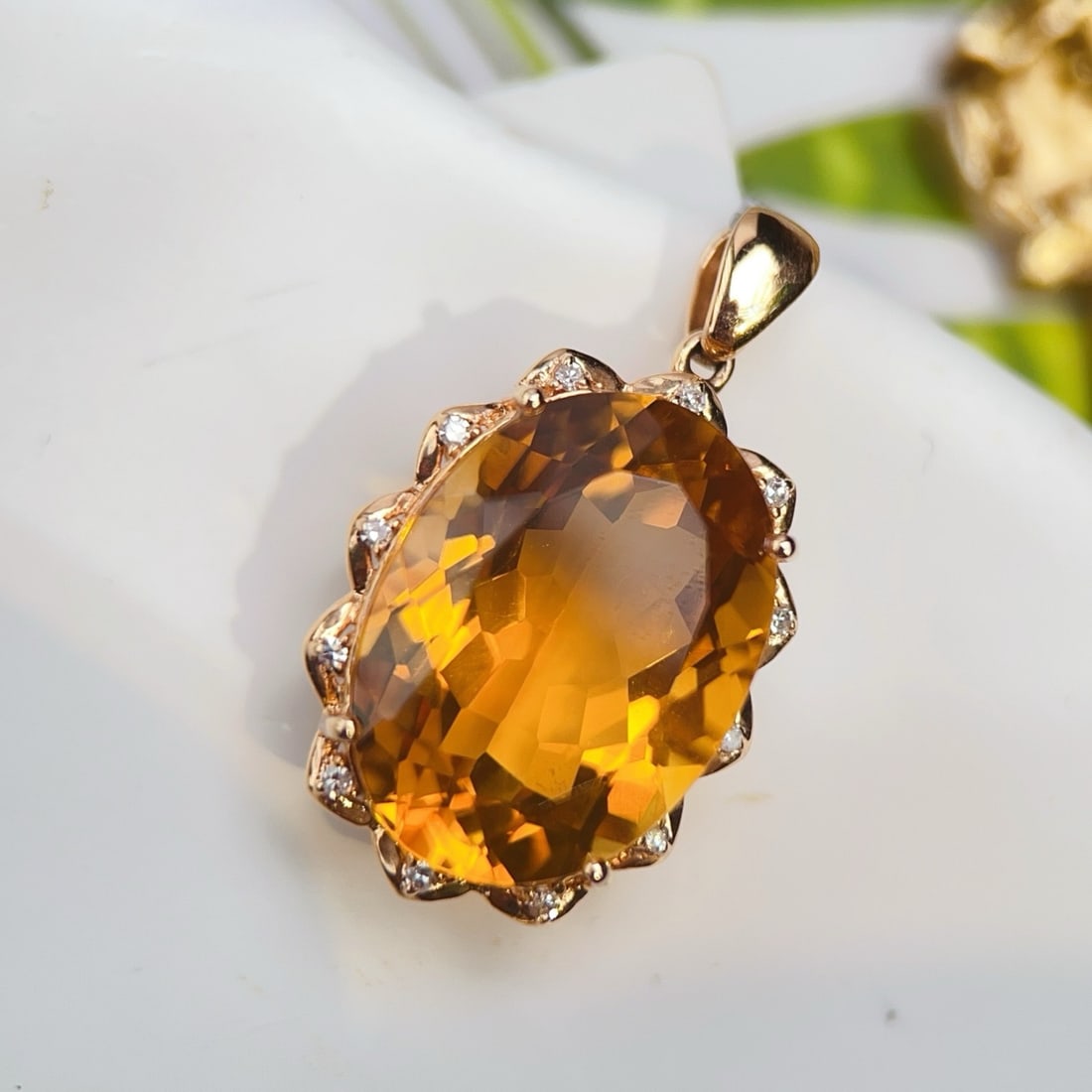 14k Gold 12.76 Ctw Natural Citrine & Diamond Pendant( Without Chain ) - 2
