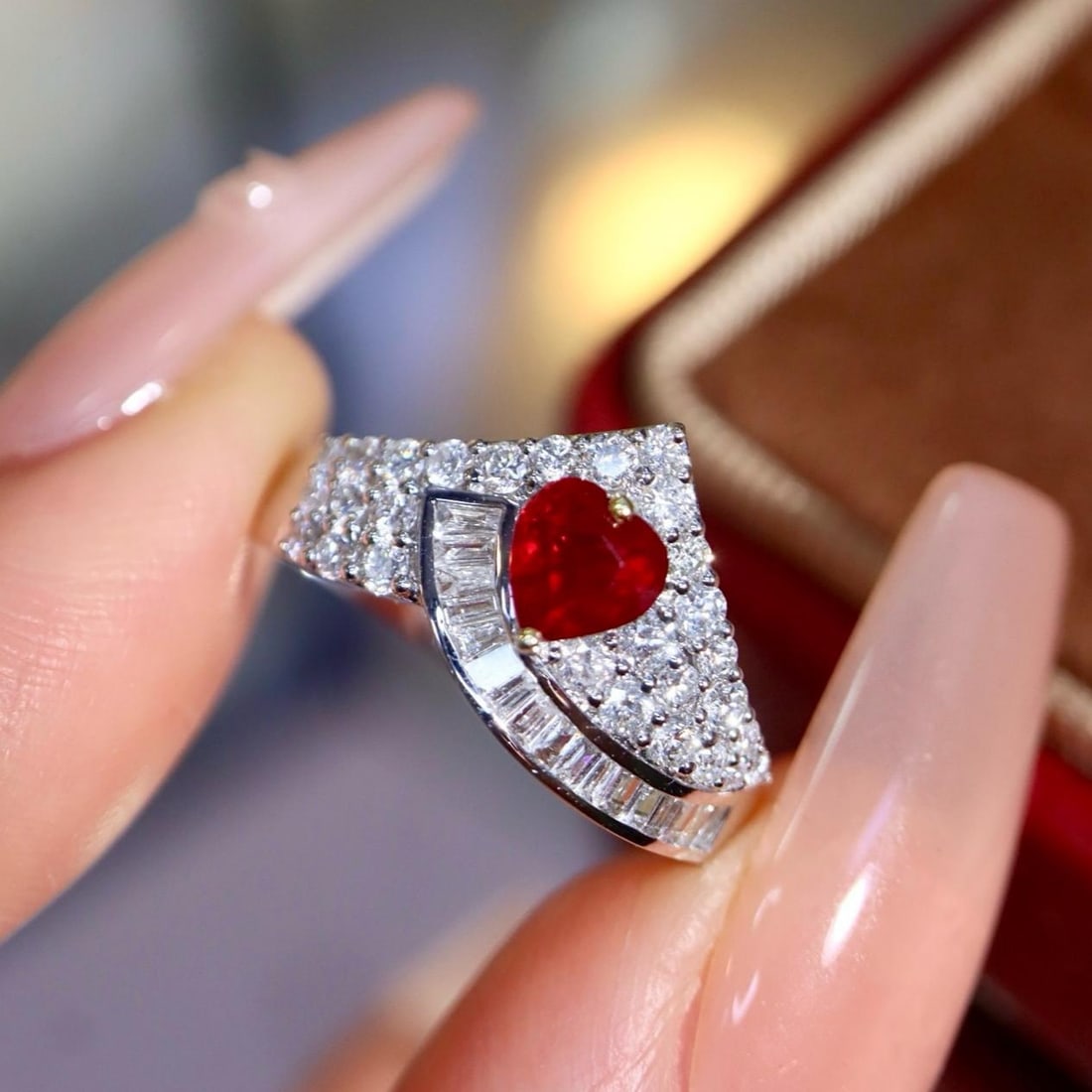 14k Gold 1.08 Ctw Natural Ruby & Diamond Ring: Ref:231184263 // gold content:14k gold // ring size:7. 25us // // main gemstone:ruby // shape:heart // carat weight:0. 58ct // color:pigeonblood red // treatment:natural // // adjacent gemstone 2 :
