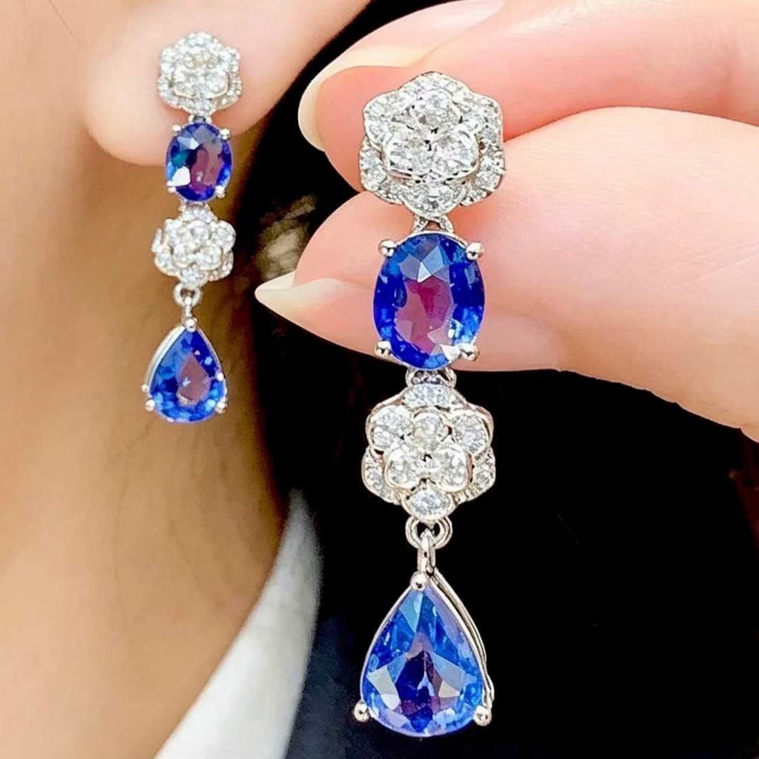 14k Gold 3.5 Ct Natural Sapphire & Diamond Earrings - 5