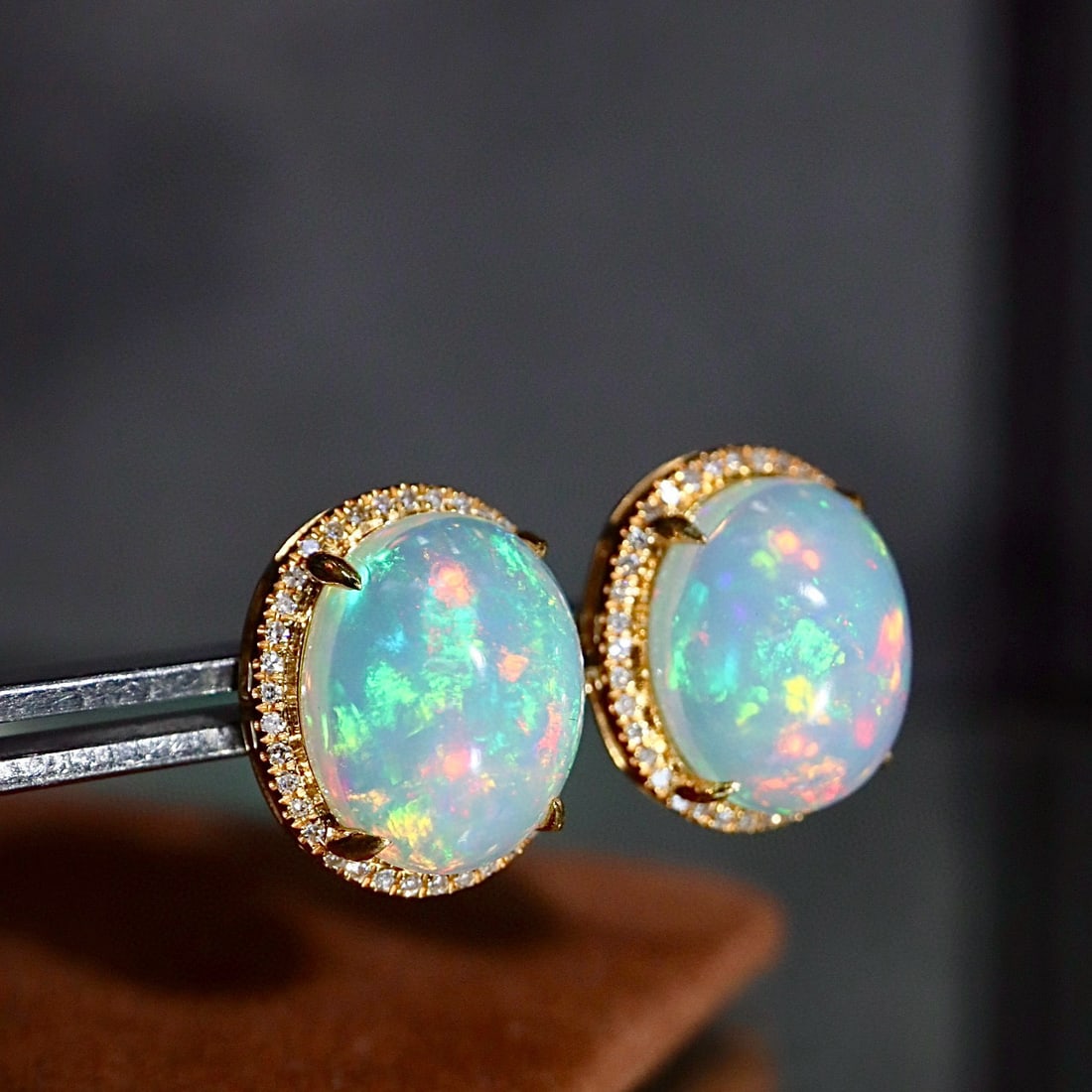 14k Gold 5.03 Ctw Natural Opal & Diamond Earrings - 2