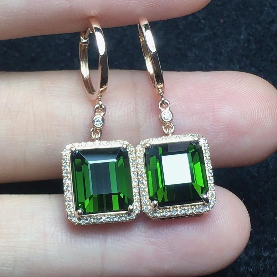 14k Gold 7.28 Ct Natural Tourmaline & Diamond Earrings: Ref:231184295 // gold content:14k gold // main gemstone:tourmaline // shape:octagonal // carat weight:7. 28ct // color:green // treatment:natural // // adjacent gemstone 2 : diamond // number of