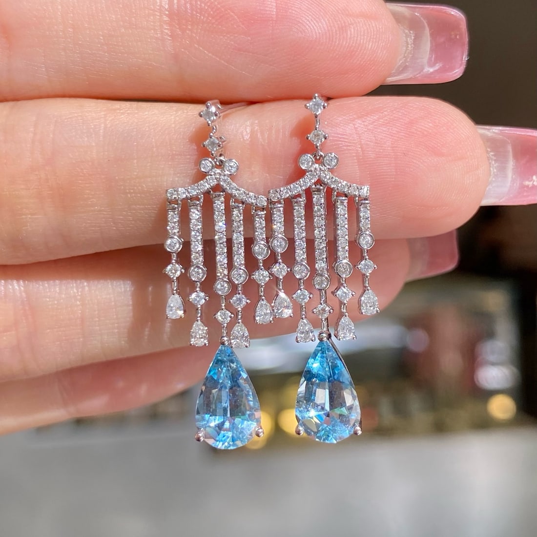 14k Gold 3.41 Ctw Natural Aquamarine & Diamond Earrings - 7