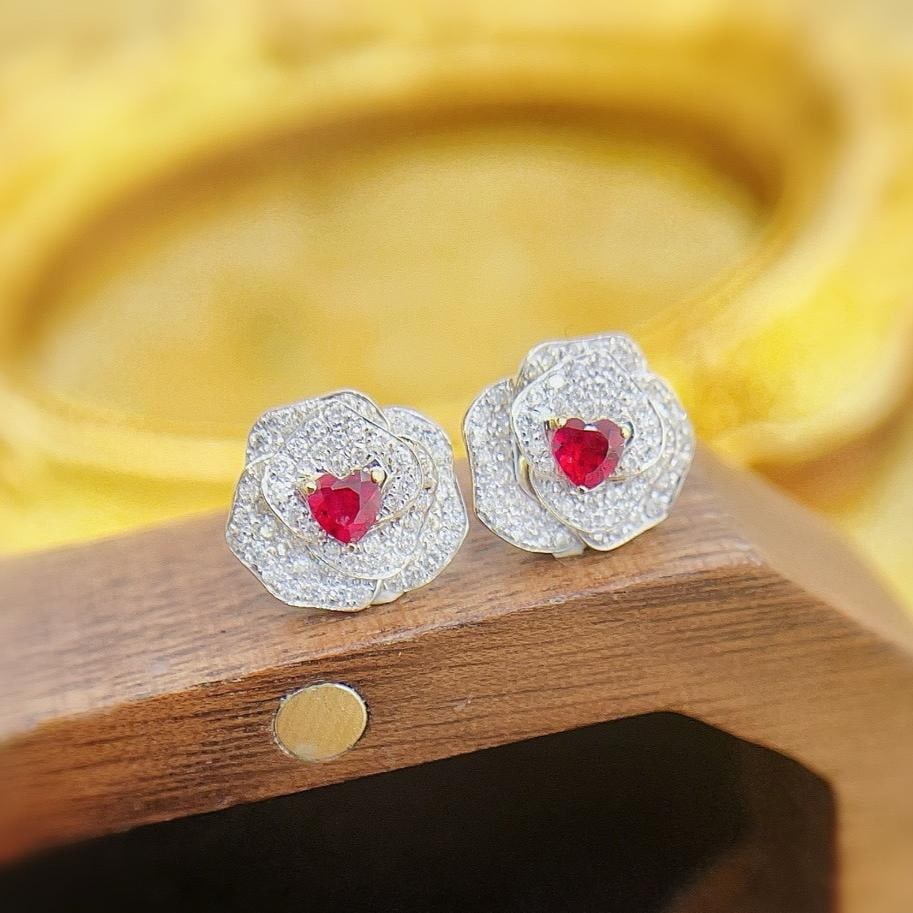 14k Gold 0.76 Ctw Natural Ruby & Diamond & Flowers Earrings: Ref:231184311 // gold content:14k gold // main gemstone:ruby // shape:heart // carat weight:0. 28ct // color:red // treatment:natural // // adjacent gemstone 2 : diamond // shape:round // carat