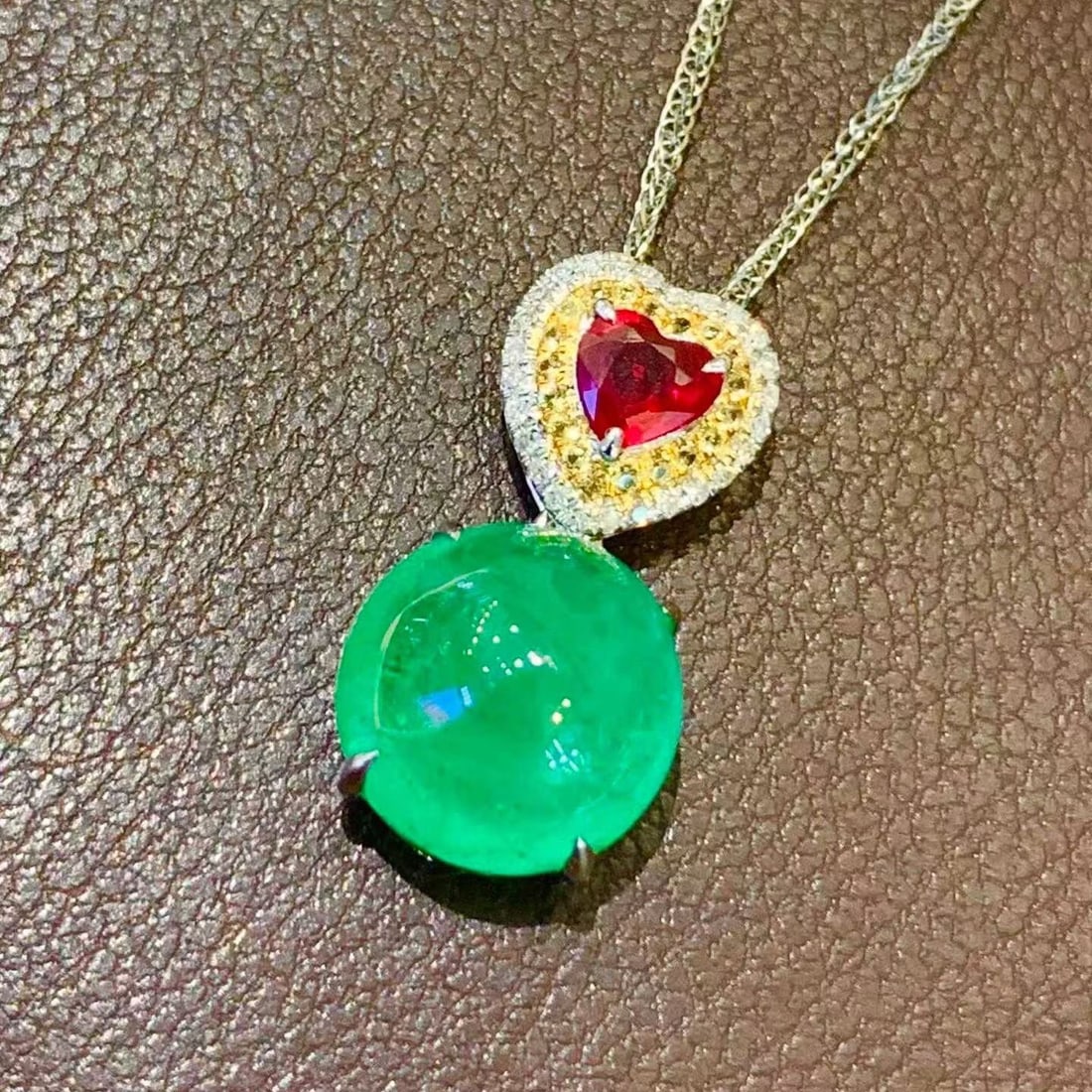 14k Gold 4.2 Ct Natural Emerald & Diamond & Ruby Pendant( Without Chain ) - 4