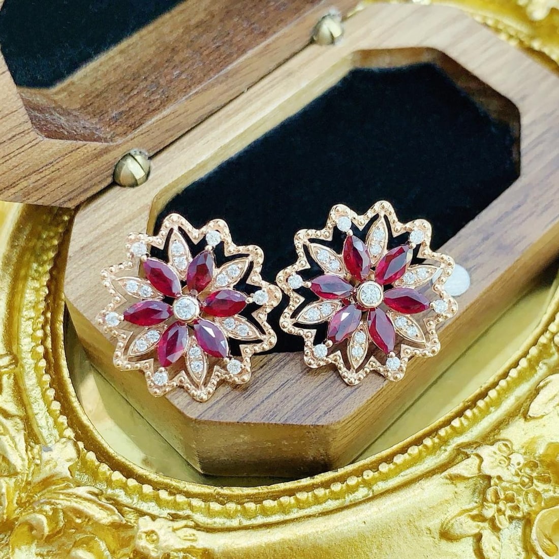 14k Gold 2.40 Ctw Natural Ruby & Diamond Earrings: Ref:231184316 // gold content:14k gold // main gemstone:ruby // shape:marquise // carat weight:2. 06ct // color:red // treatment:natural // // adjacent gemstone 2 : diamond // shape:round // carat