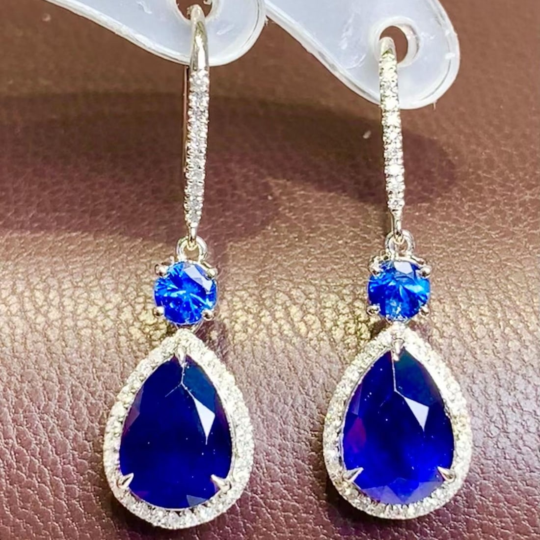 14k Gold 4 Ct Natural Sapphire & Diamond Earrings - 2