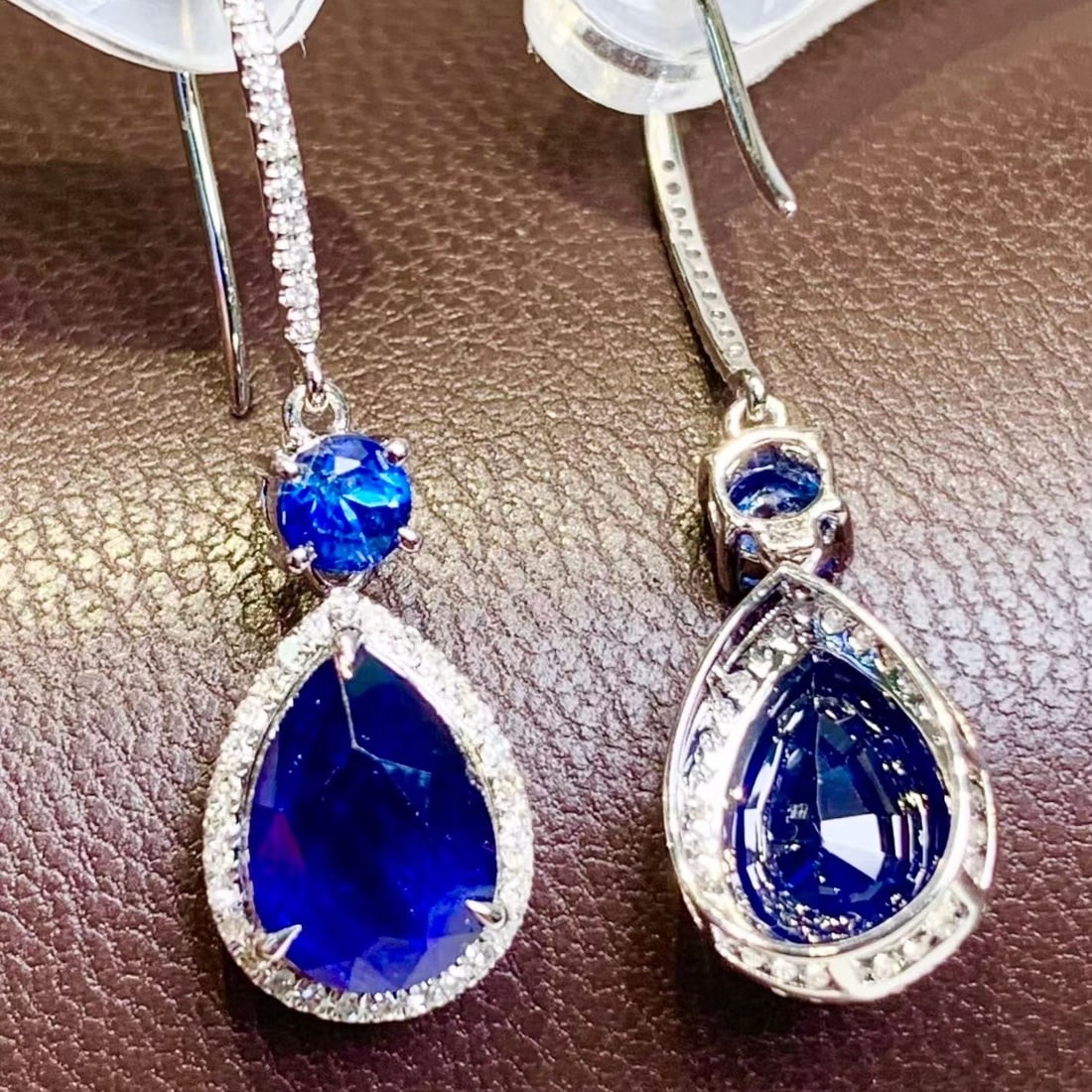 14k Gold 4 Ct Natural Sapphire & Diamond Earrings - 4