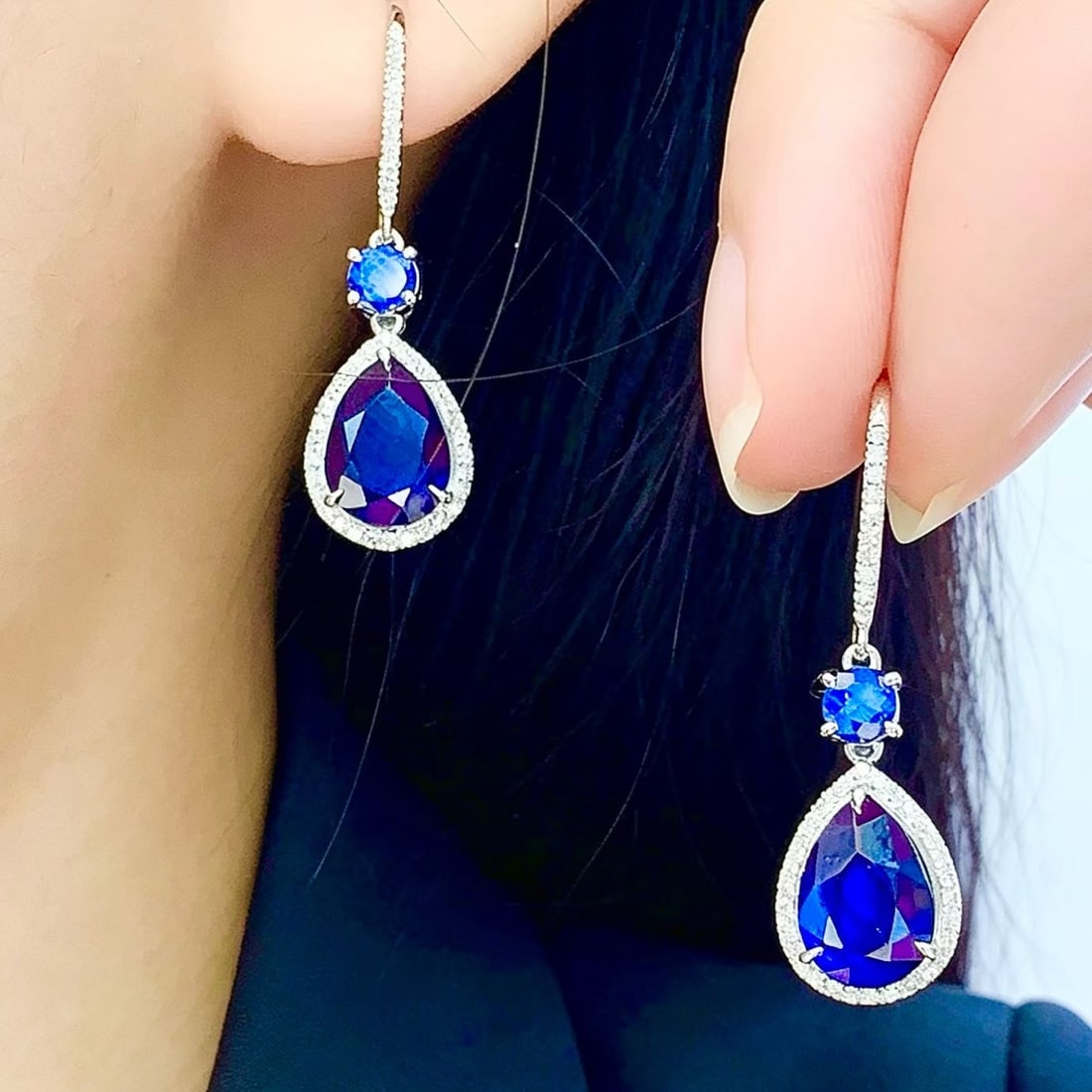 14k Gold 4 Ct Natural Sapphire & Diamond Earrings - 5