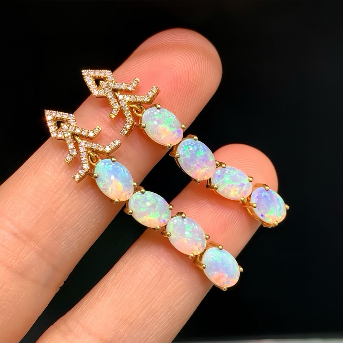 14k Gold 3.23 Ctw Natural Opal & Diamond Earrings - 4