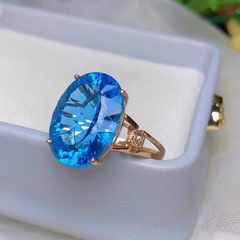 14k Gold 12.80 Ct Natural Topaz & Diamond Ring - 3