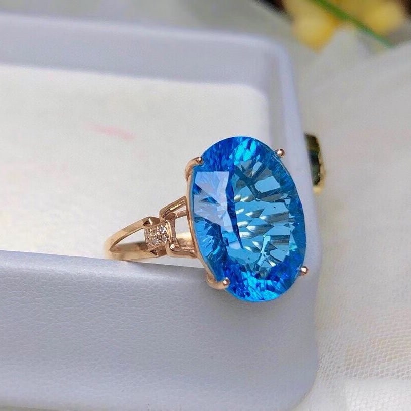 14k Gold 12.80 Ct Natural Topaz & Diamond Ring - 4