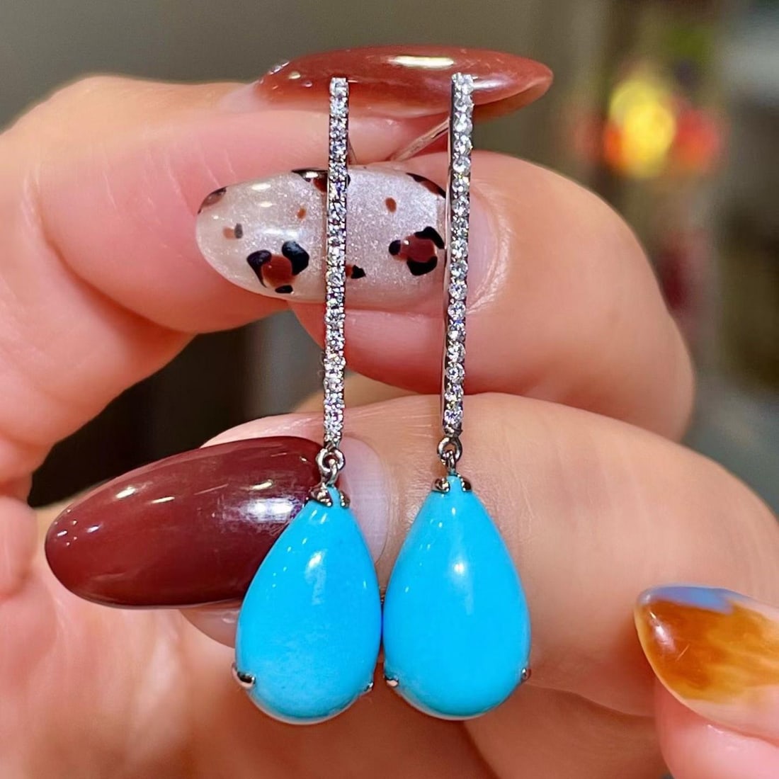 14k Gold 5.95 Ctw Natural Blue Turquoise & Diamond Earrings: Ref:231184345 // gold content:14k gold // main gemstone:blue turquoise // shape:pear // carat weight:5. 75ct // color:blue // treatment:natural // // adjacent gemstone 2 : diamond // shape:round //