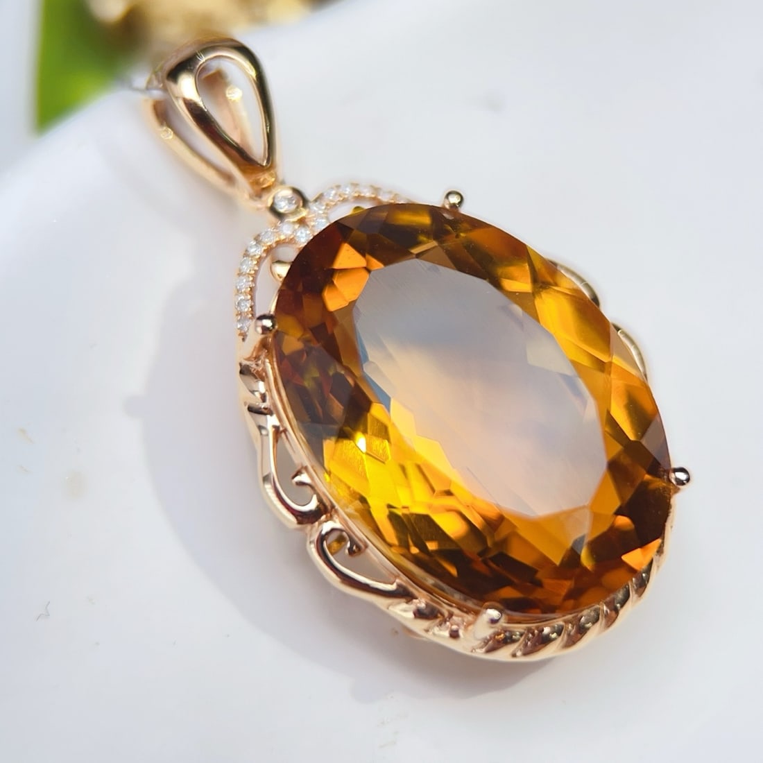 14k Gold 16.50 Ctw Natural Citrine & Diamond Pendant( Without Chain ) - 4