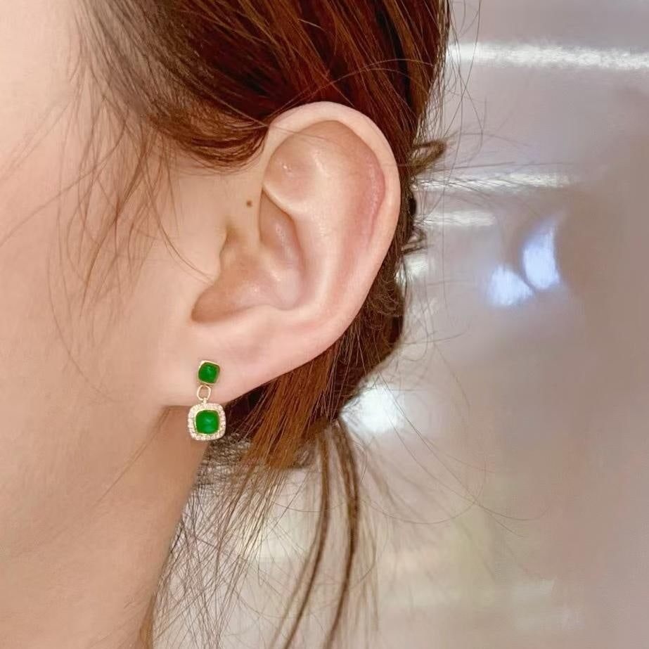 14k Gold 1.6 Ct Vivid Green Natural Emerald & Diamond Earrings - 2