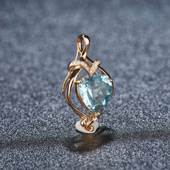 14k Gold 2.21 Ct Natural Aquamarine & Diamond Pendant( Without Chain ) - 2