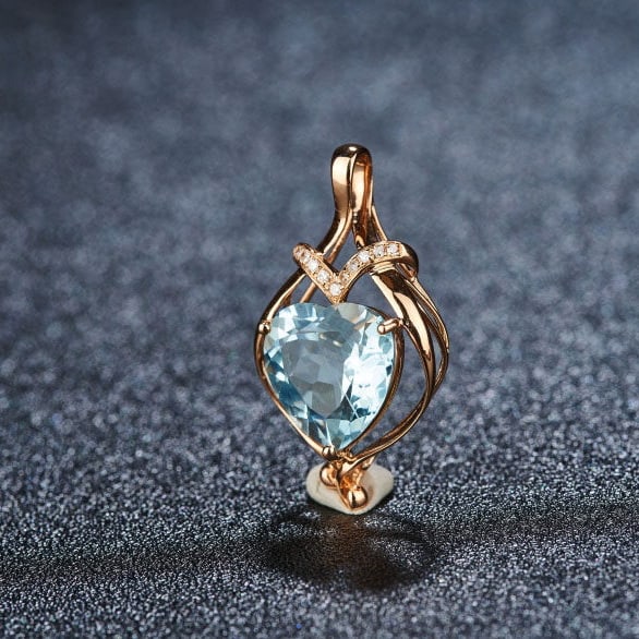 14k Gold 2.21 Ct Natural Aquamarine & Diamond Pendant( Without Chain ) - 3
