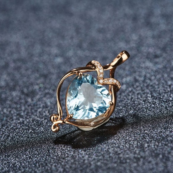 14k Gold 2.21 Ct Natural Aquamarine & Diamond Pendant( Without Chain ) - 7