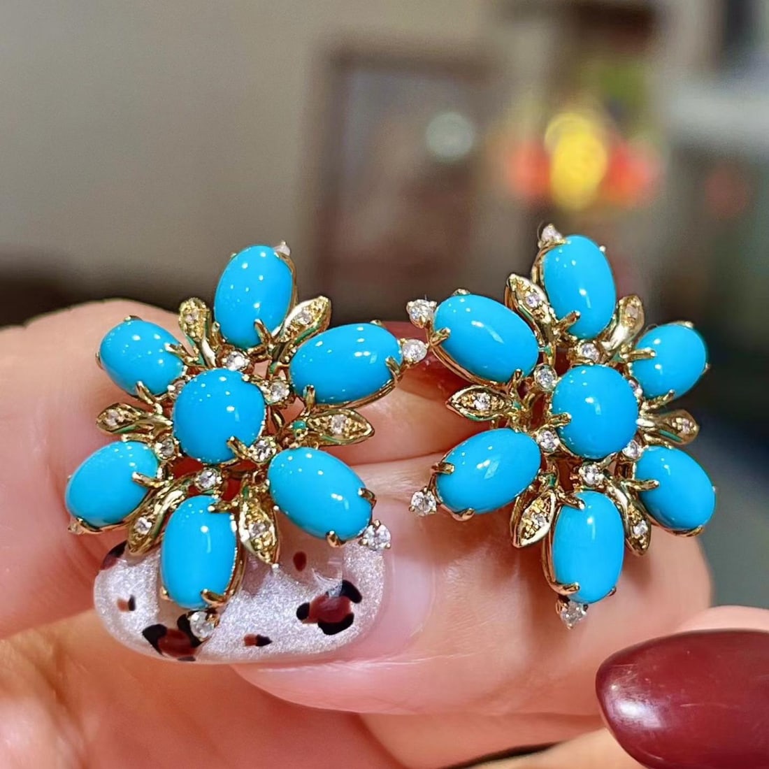 14k Gold 6.31 Ctw Natural Blue Turquoise & Diamond Earrings: Ref:231184389 // gold content:14k gold // main gemstone:blue turquoise // shape:multiple // carat weight:6. 08ct // color:blue // treatment:natural // // adjacent gemstone 2 : diamond // shape:round