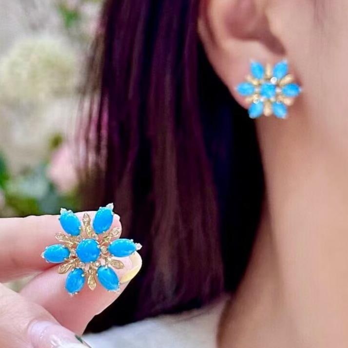 14k Gold 6.31 Ctw Natural Blue Turquoise & Diamond Earrings - 3