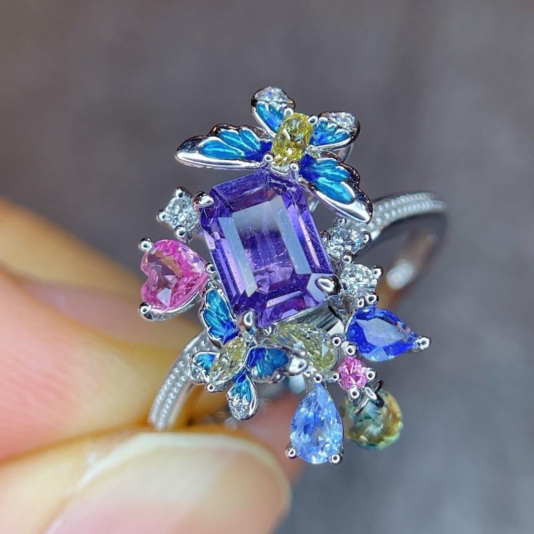14k Gold 1.66 Ctw Natural Sapphire & Diamond Ring/pendant( Without Chain ): Ref:231184402 // gold content:14k gold // ring size:7. 25us // // main gemstone:sapphire // shape:octagonal // carat weight:1. 46ct // color:purple // treatment:natural // // adjacent gemstone 2 :