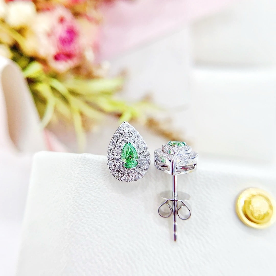 14k Gold 0.42 Ctw Natural Green Diamond & Diamond Earrings - 3